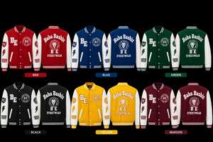 Natt's Baught Pink Varsity <b>Jacket</b> <b>White</b> Sleeve Embroidered BE Crown Logo Stand Collar Front Logo Casual Style <b>Men</b> Winter Wear - Product Image 2