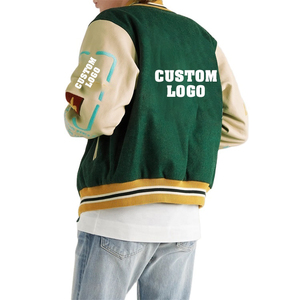 Customized Logo <b>Men's</b> Green Varsity <b>Jacket</b> Cotton Polyester Casual Turn-down Collar Button Front Embroidered Patchwork Design - Product Image 3