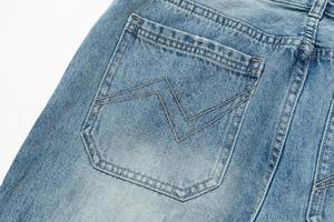 Jean en denim déchiré coupe droite taille mi-haute ample longueur pleine délavage vintage décontracté pour femme bleu clair en coton - Product Image 4