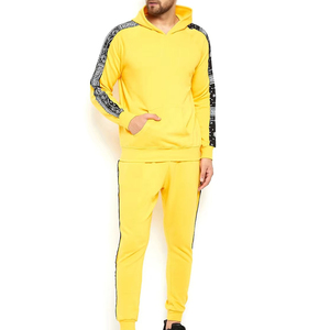 Men's Yellow Hooded Tracksuit With <b>Black</b> Bandana Side Stripes Casual Full Length Sweatshirt And Pants Set Autumn Wear - Product Image 4