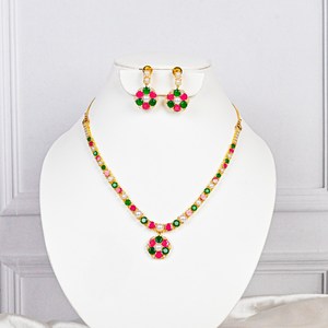 <b>Ruby</b> Pearl Gold Plated Brass <b>Necklace</b> Set Vintage Bridal Wedding Jewelry Statement <b>Necklace</b> Earrings RAY FINE ORNATES IGI - Product Image 1