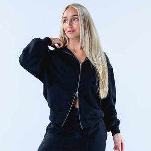 Sudadera con capucha de algodón suave y cómoda para mujer, con logotipo personalizado de alta calidad, al por mayor, con hombros caídos y cremallera, a precios de fábrica. - Product Image 3