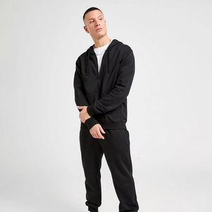 Ensemble de survêtement pour homme, sweat-shirt à capuche zippé noir en polaire, couleur unie, décontracté, pour l'automne - Product Image 1