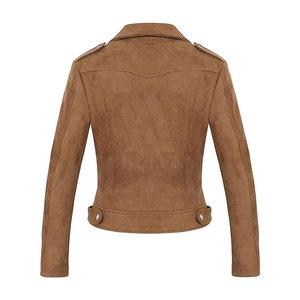 Women's Brown <b>Suede</b> Moto <b>Jacket</b> Full Sleeve Turn-down Collar Zipper Closure Autumn Style Sample Service Available - Product Image 3
