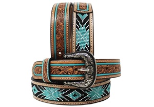Premium Western Genuine Leather Pin Buckle Floral Beaded Design Hand-<b>Tooled</b> Vintage Cowboy Style Customizable Fashion Statement - Product Image 1