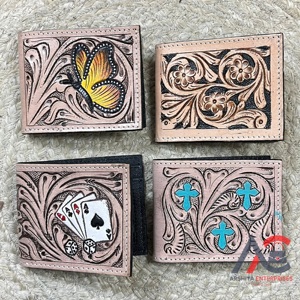Premium Custom Design Hand <b>Tooled</b> Floral <b>Leather</b> Wallet High Quality Genuine Cow <b>Leather</b> RFID Organizer Card Holder Short Wallet - Product Image 1