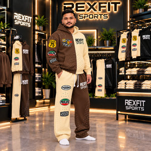 Ensemble de survêtement pour homme Rexfit sports2026Custom, couleur crème et marron, avec sweat à capuche zippé |   Pantalons de jogging assortis |   Produits sportifs de gros de qualité supérieure - Product Image 3