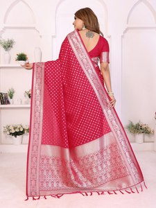 Women's <b>Red</b> <b>Silk</b> Saree With Silver Border And Blouse For Wedding Occasion Traditional Indian Wear - Product Image 3