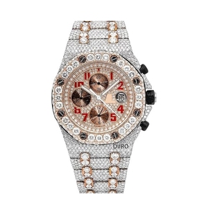 Iced Out Moissanite Chronograph Watch Stainless Steel <b>Round</b> Shape Diamond Wristwatch Analog Dial Men's for Party Wear - Product Image 1