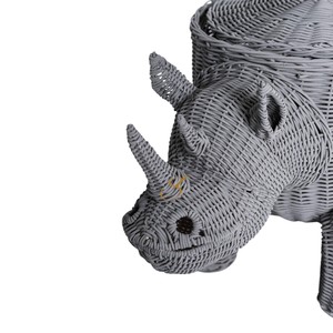 Rhino Rattan Storage <b>Basket</b> <b>with</b> <b>Lid</b> Grey Woven Animal Shaped Toy Organizer Bin Cute Rhinoceros Nursery Hamper - Product Image 5