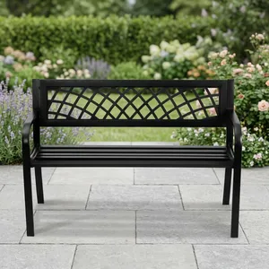 Banc de jardin en métal noir robuste avec dossier en treillis décoratif et assise à lattes pour terrasse extérieure, pelouse, parc, taille XL - Product Image 1