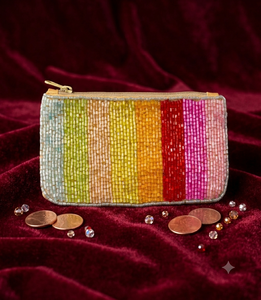 Handmade Beaded Coin Purse Rainbow Stripe Zipper Closure Bohemian Style Unisex <b>Mini</b> Size - Product Image 1