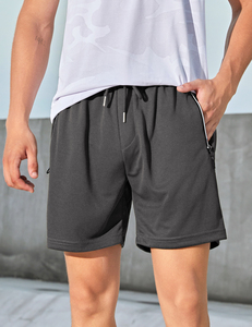 Pantalones Cortos Deportivos de Secado Rápido para Hombre, Color Sólido, Spandex, Cintura Media, Cierre con Cordón, Bolsillos con Cremallera, Logotipo Frontal, Ropa Casual, Negro - Product Image 3