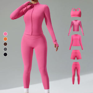 Ensemble de vêtements de sport pour femmes en 4 pièces, rose, soutien-gorge de sport extensible, veste zippée, haut court et leggings, coupe ajustée, vêtements de fitness - Product Image 2