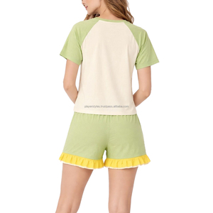 Ensemble de pyjama d'été décontracté en coton à volants vert et jaune pour femme, imprimé dinosaure de dessin animé, 2 pièces - Product Image 3