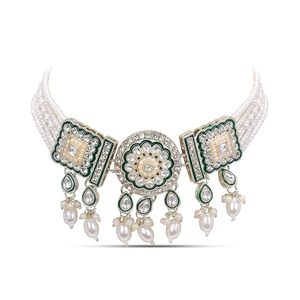 Ensemble collier et boucles d'oreilles vintage à fleurs en zircon avec perles imitation, plaqué or, en alliage, pour femmes, pour mariage et fêtes - Product Image 2