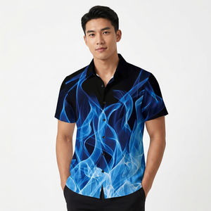 Men's Short Sleeve Button Down <b>Shirt</b> Blue <b>Flame</b> Print Casual Wear Digital Printing Polyester Woven Breathable Style - Product Image 4