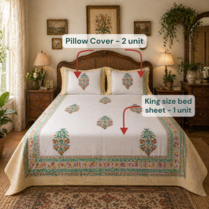 Premium Indian Artisanal Hand <b>Block</b> Printed Pure Cotton Classic Floral <b>Bed</b> Sheet Set King Size Soft Breathable Durable Hospital - Product Image 6