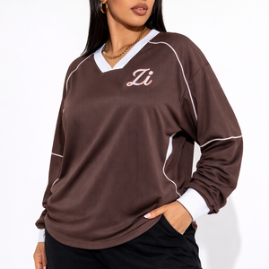Camiseta de Fútbol Americano para Mujer, Talla Grande, Color Marrón, Malla Transpirable, Manga Larga, Poliéster, Estilo Urbano, Panel en Contraste, Marca Privada - Product Image 6