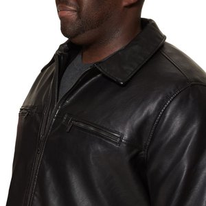 Veste en cuir véritable noire pour homme avec fermeture éclair, col rabattu, vêtement d'hiver décontracté, coupe régulière, couleur unie - Product Image 2