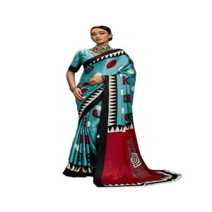 Sari en crêpe de satin Ajrakh de designer indien pour femmes, pour les mariages pakistanais, à porter en soirée, fabriqué en Inde - Product Image 1