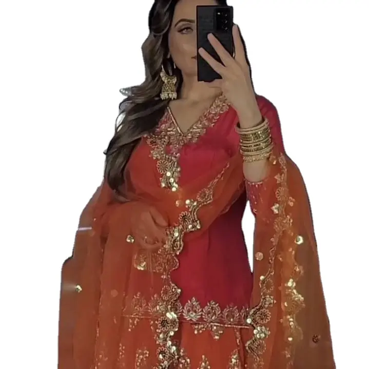 Shalwar Kameez pakistanaise spéciale prêt à porter pour mariage en Georgette couleur rose bébé