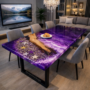 Mesa de Comedor de Resina Epoxi Ecológica de Lujo, Color Púrpura Océano, con Diseño de Borde Natural, Hecha a Mano, Moderna, para Diwali - Product Image 1