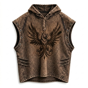 Chaleco sin mangas con capucha para hombre, diseño gótico con estampado gráfico, lavado desgastado, estilo casual urbano, moda de verano para exteriores, tipo tank top - Product Image 2