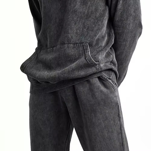 Men Acid Wash 2 in 1 Hip Hop <b>Tracksuit</b> Full Sleeve Hooded Solid Color Casual Regular Fit 100% Cotton Sweatshirt Pants Set Winter - Product Image 4