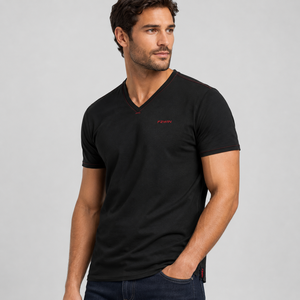 Camiseta de Manga Corta con Cuello en V para Hombre F2WIN, Negra, Corte Regular, Informal, de Forro Polar, Poliéster/Algodón, Transpirable, Diseño Sólido, Logotipo Frontal - Product Image 1