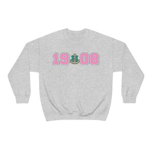 Heather Gray Crewneck Sweatshirt with Pink and <b>Green</b> 1908 Graphic Print Long Sleeve Cotton Fleece Casual Women's Pullover - Product Image 1