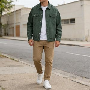 Men's Green Denim Jacket Casual Button Front Solid Color Regular Fit Autumn Breathable 100% Cotton Woven Topstitch - Product Image 6