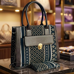 Bolso Tote de Lujo Azul Marino con Patrón Étnico para Mujer, Bolso Jacquard con Ribete de Cuero PU y Cierre Metálico - Product Image 1