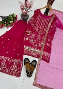 Traje Sharara Rosa para Mujer, Bordado, Estilo Indio-Pakistaní, para Bodas y Fiestas, Salwar Kameez Étnico, Largo hasta el Suelo - Product Image 3