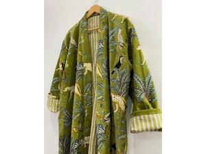Robes kimono en velours imprimé jungle verte, manteau en velours pour le thé du matin, robe de demoiselle d'honneur, robe en velours de coton pour femme, veste en velours - Product Image 1