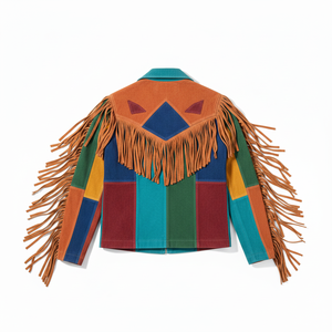 Premium Colorful Panel Work Western Fringe <b>Suede</b> Leather <b>Jacket</b> boho style - Product Image 2