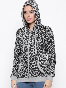 Sudadera con Capucha de Mujer con Estampado de Leopardo, Manga Larga, Tejida, Informal, con Bolsillos, Estilo Otoñal, Material de Mezcla de Algodón - Product Image 1