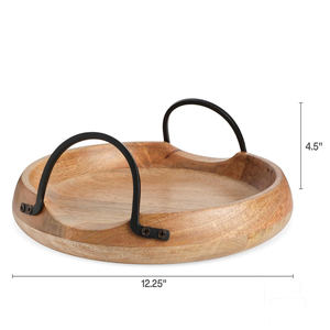 Vintage Round Mango Wood Ottoman <b>Tray</b> <b>with</b> <b>Handles</b> Decorative Rustic Wood <b>Tray</b> for Kitchen Dining Room Counter Top Daily Serving - Product Image 4