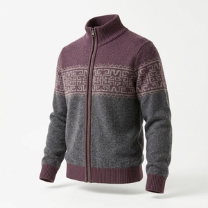 Custom Men's Christmas Zip up Knit Sweater Pine Forest and Bell Bands Intarsia Pattern Snowflakes Pullover OEM ODM - Product Image 3