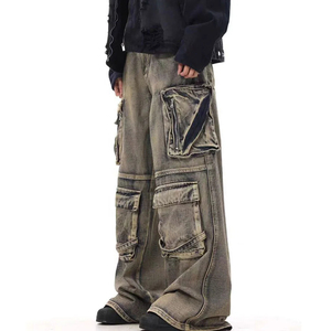 Jean cargo en denim pour homme, coupe ample, jambe large, style streetwear, délavé, en coton mi-lourd, style automne - Product Image 2