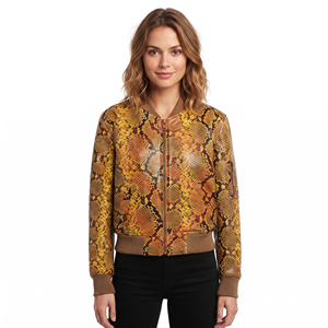 Chaqueta Bomber de Piel Sintética con Estampado de Serpiente para Mujer, Cierre de Cremallera, Estilo Otoñal, Cuello Camisero - Product Image 1