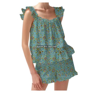 New Designer Indian Cotton Hand Block Print Shorts Pajama Set Spring / Summer Floral Fitted Strappy Ruffle <b>Trim</b> Sleeves PJ Set - Product Image 3
