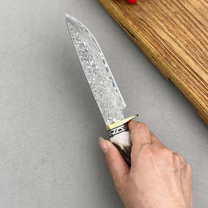 Couteau à lame fixe en acier Damas, manche en bois, étui en cuir, personnalisable OEM, qualité industrielle, survie en plein air, camping, chasse - Product Image 3