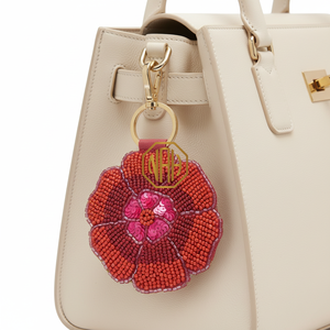Red Floral Beaded <b>Key</b> Ring Handcrafted Seed Bead Flower Keychain Decorative Design <b>Custom</b> Logo Available - Product Image 1