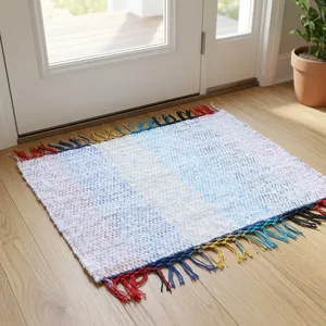Tapis de style Kilim en coton à rayures métalliques, tissé à la main, à poils ras, fin, lavable, avec support en latex, pour usage domestique - Product Image 1