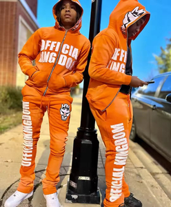 Sudadera con capucha y cremallera de estilo streetwear desgastado, térmica de invierno, transpirable, con lavado ácido, personalizable con bordado y estampado, y pantalones de chándal acampanados para hombre - Product Image 3