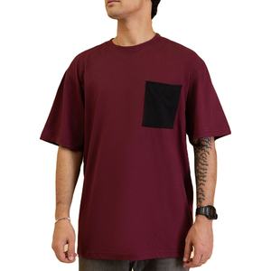 Custom Logo Men's Burgundy Heavy Cotton Crew Neck <b>T</b> <b>Shirt</b> Loose Fit Short Sleeve Relaxed Cut Streetwear <b>with</b> Contrast <b>Pocket</b> - Product Image 1