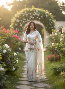 Sari indien ethnique en organza de soie peint à la main à motifs floraux, vente en gros, créateur, pour soirée, couleur crème, en tissu froissé transparent, traditionnel pour femme - Product Image 5