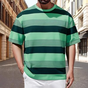 T-shirt surdimensionné en coton tricoté 100 % pour homme, avec logo personnalisé, imprimé rayé, col rond, épaules tombantes, coupe ample, écologique, 240 GSM - Product Image 1