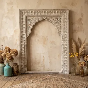 Miroir mural en bois blanc vieilli, style Jharokha, sculpté à la main, pour salon, chambre, salle à manger, style ferme - Product Image 5